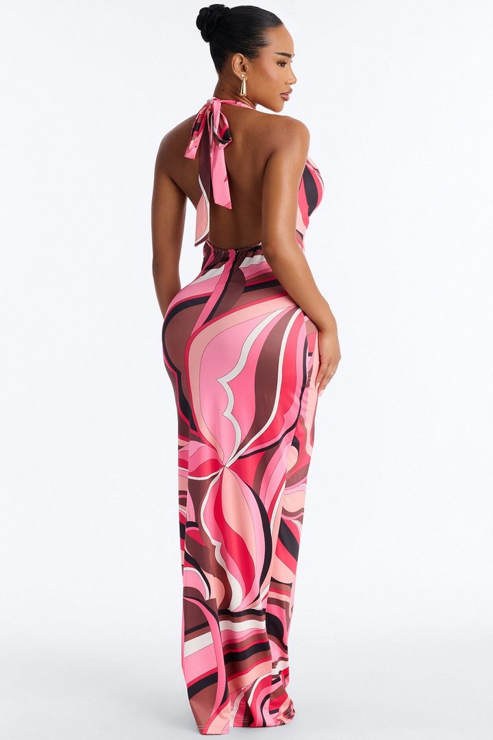 Emilia Backless Maxi Dress - Pink/combo