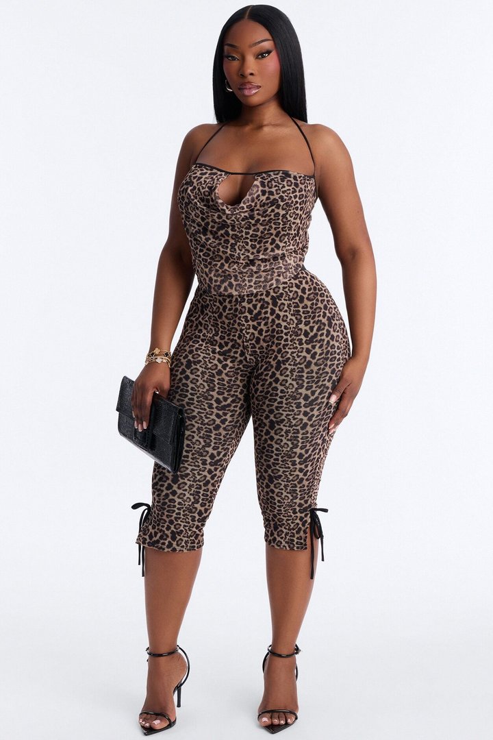 Follow Me Leopard Mesh Capri Set - Brown Combo
