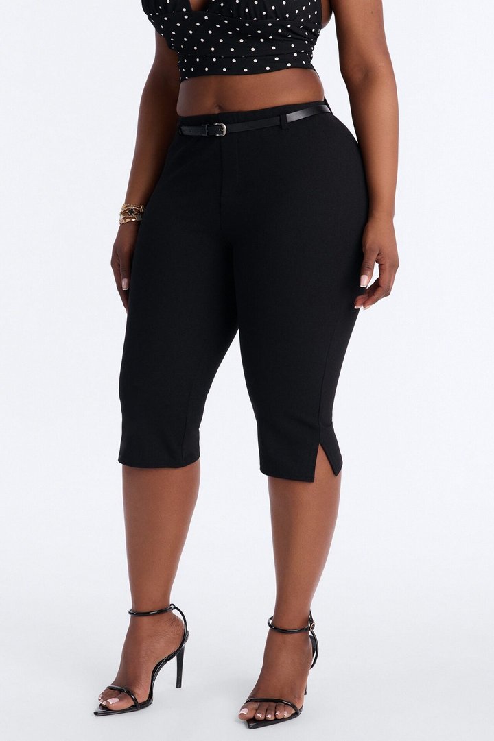 Mila Belted Split Hem Capri - Black