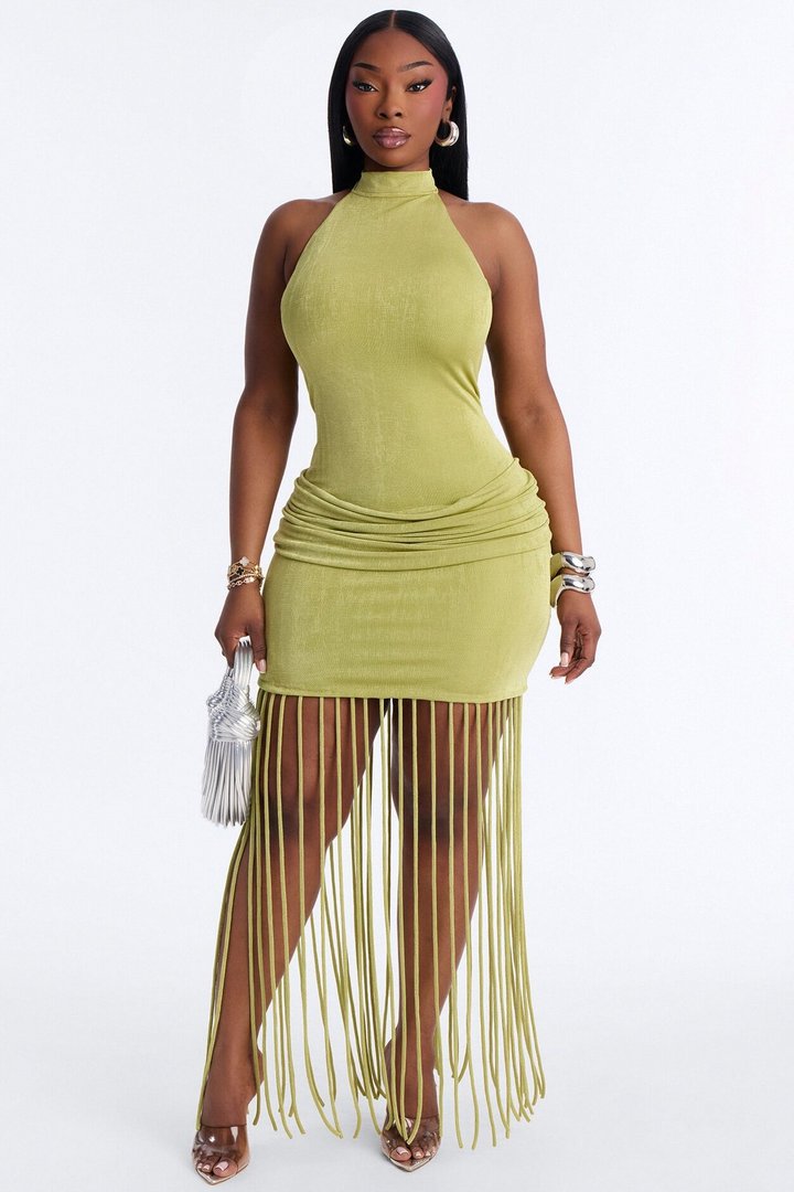 Rosalie Fringe Trim Maxi Dress - Chartreuse