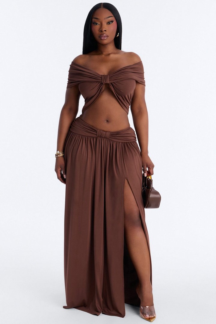 Rae Ruched High Slit Maxi Skirt - Chocolate