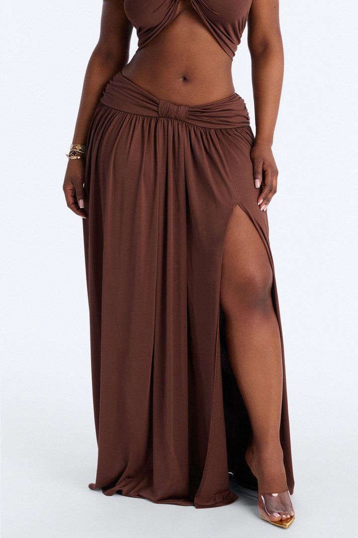 Rae Ruched High Slit Maxi Skirt - Chocolate