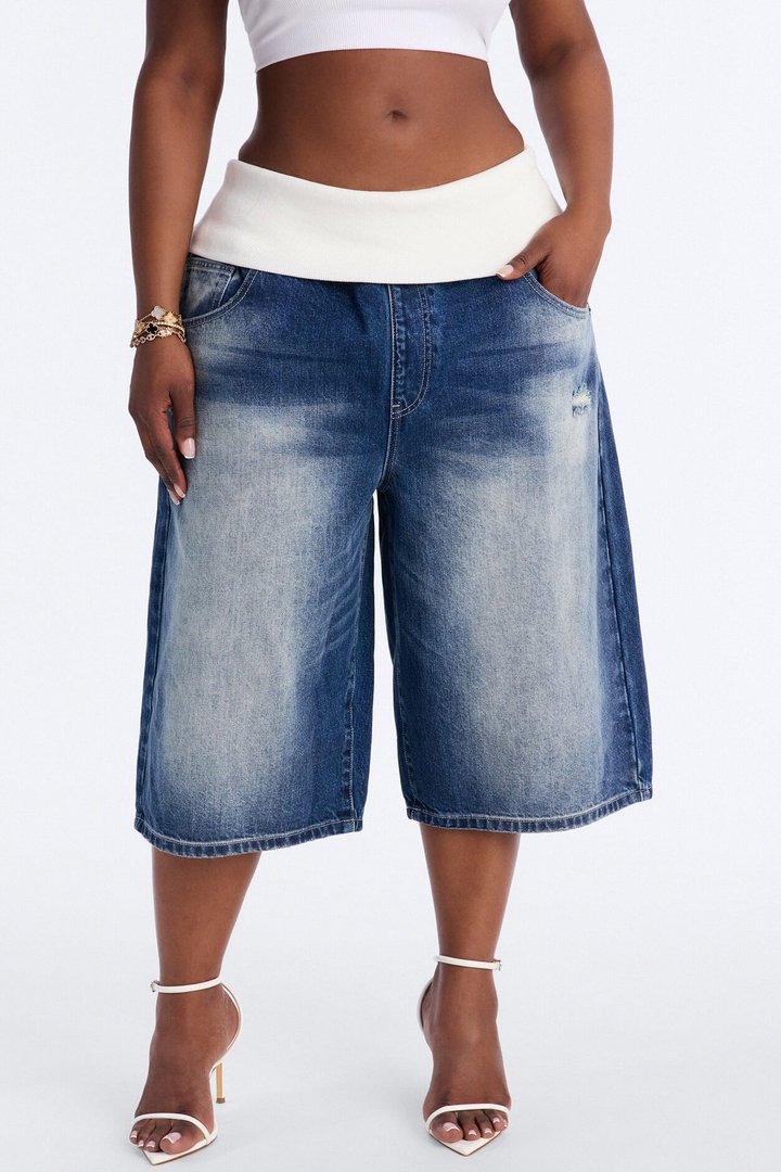 Cyber Crush Foldover Denim Jorts - Dark Wash