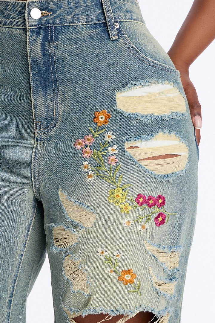 Enchanted Garden Embroidered Ripped Jeans - Vintage Wash