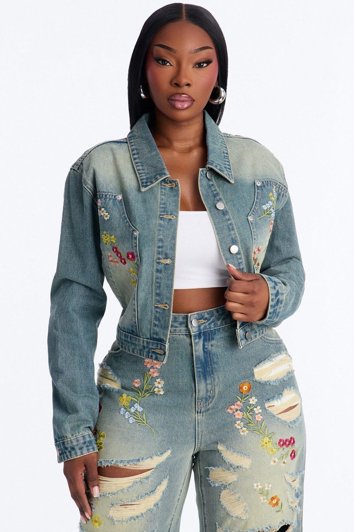 Enchanted Garden Embroidered Denim Jacket - Vintage Wash
