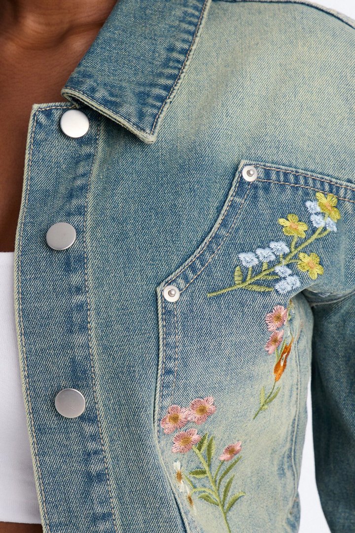 Enchanted Garden Embroidered Denim Jacket - Vintage Wash