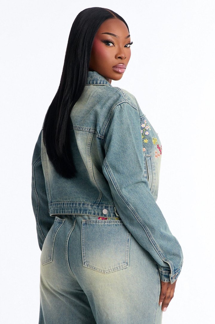 Enchanted Garden Embroidered Denim Jacket - Vintage Wash