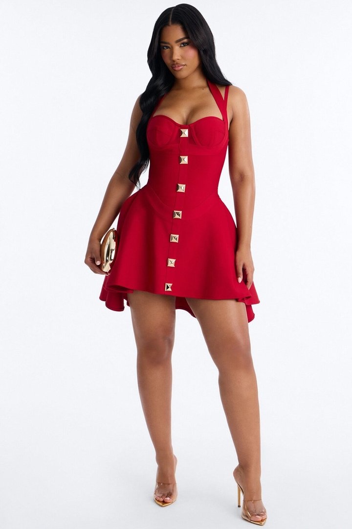 Alondra Asymmetrical Bandage Mini Dress - Red