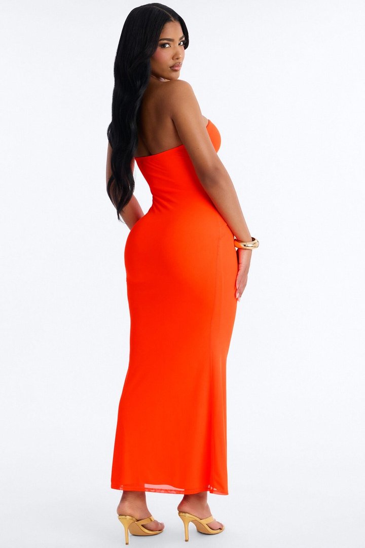 Tropical Bliss Solid Cut Out Mesh Maxi Dress - Neon Coral