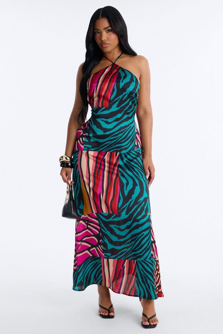 Cabana Cutie Satin Maxi Dress - Teal/combo