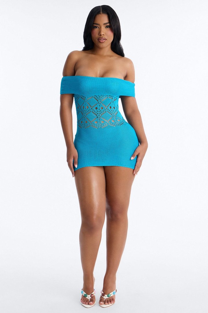 Kaitlin Off Shoulder Crochet Mini Dress - Turquoise