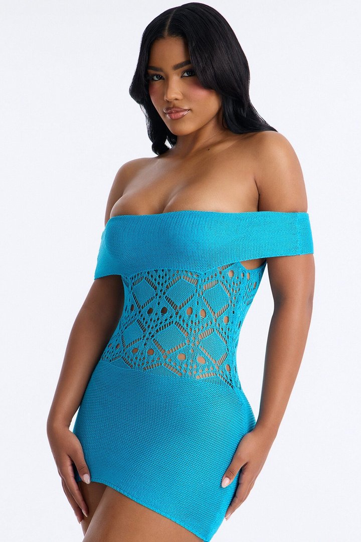 Kaitlin Off Shoulder Crochet Mini Dress - Turquoise