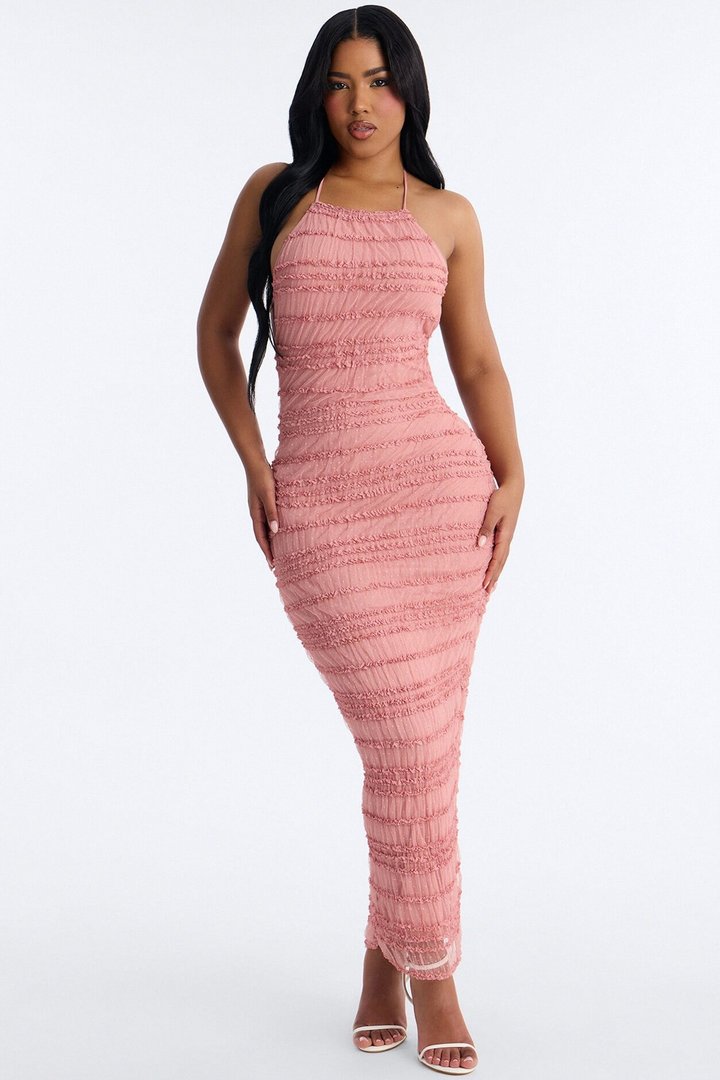 Jane Ruched Lace Maxi Dress - Pink