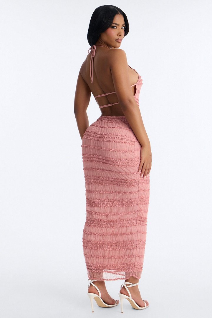 Jane Ruched Lace Maxi Dress - Pink