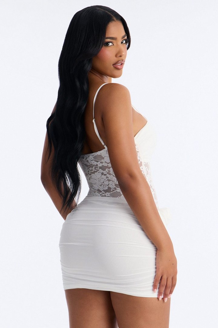 Madison Lace Cut Out Mesh Mini Dress - Ivory