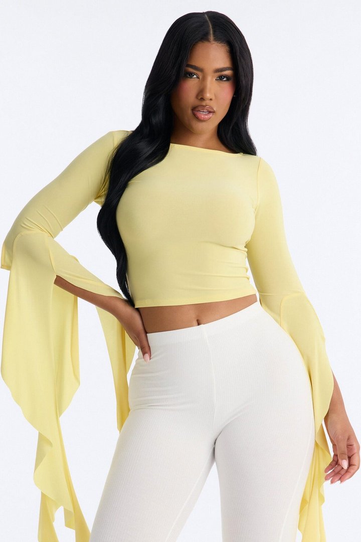 Isabella Boat Neck Ruffle Long Sleeve Top - Butter Yellow