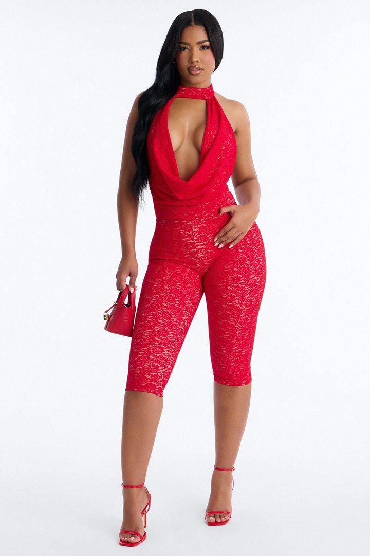 Stella Backless Lace Capri Set - Red