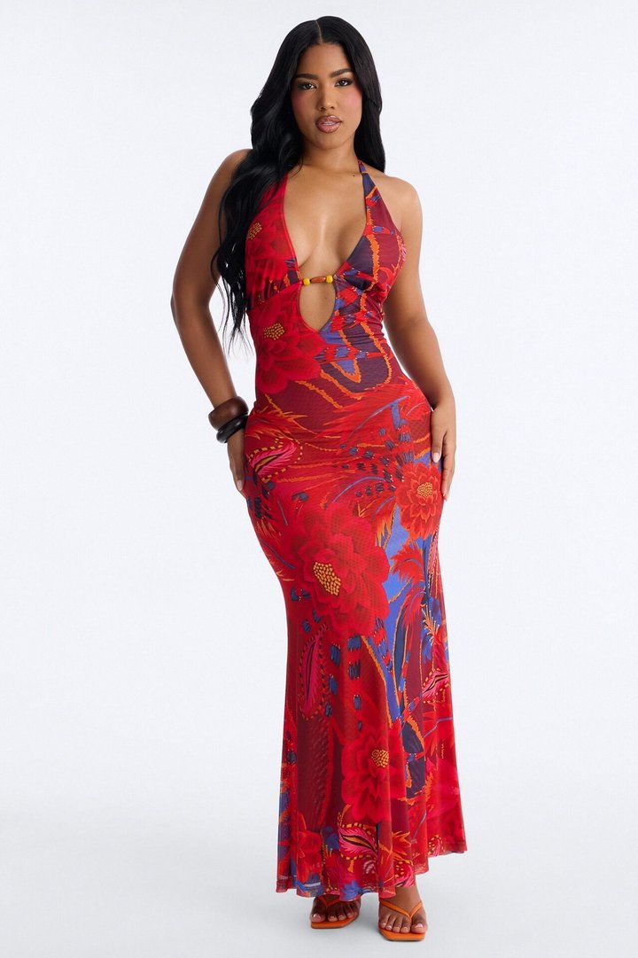 Island Diva Backless Mesh Maxi Dress - Red/combo