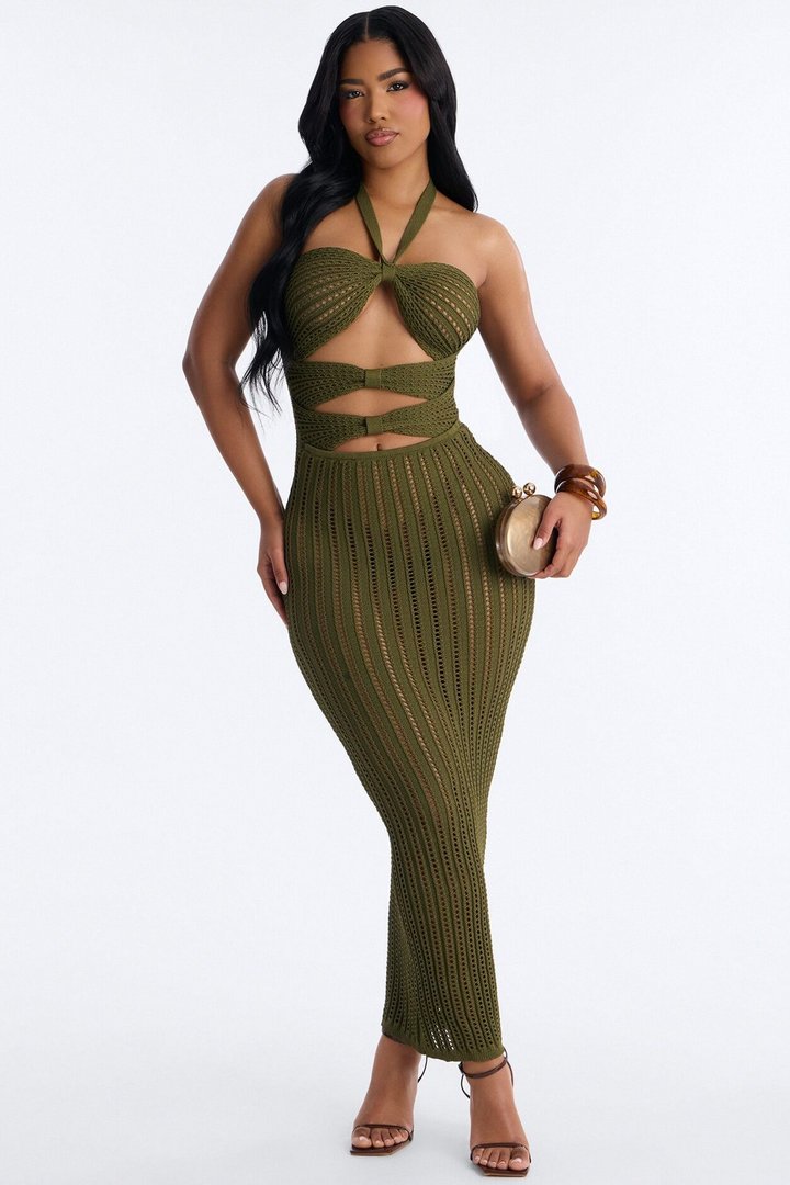 Bailey Halter Crochet Maxi Dress - Olive