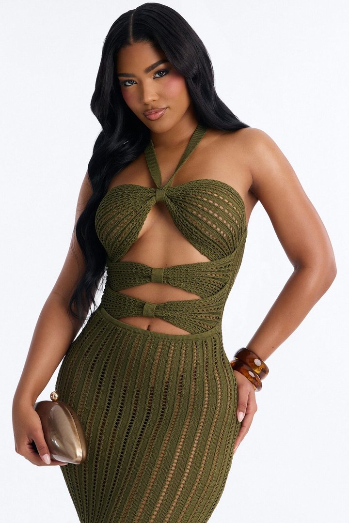 Bailey Halter Crochet Maxi Dress - Olive