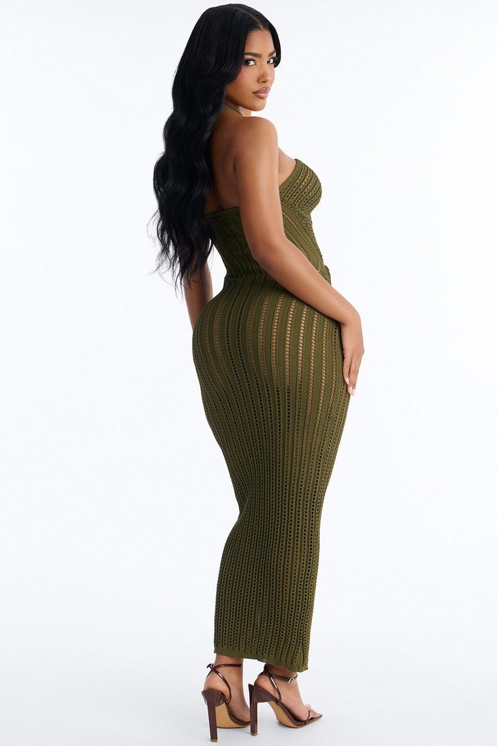 Bailey Halter Crochet Maxi Dress - Olive