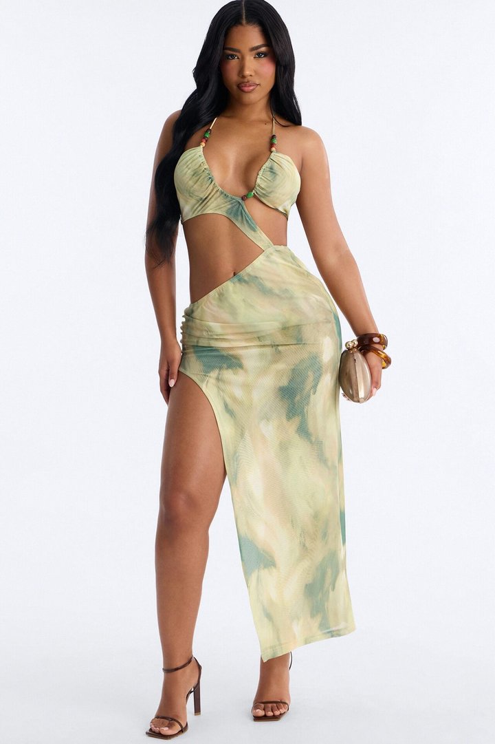 Golden Hour Glow Cut Out Mesh Maxi Dress - Green/combo