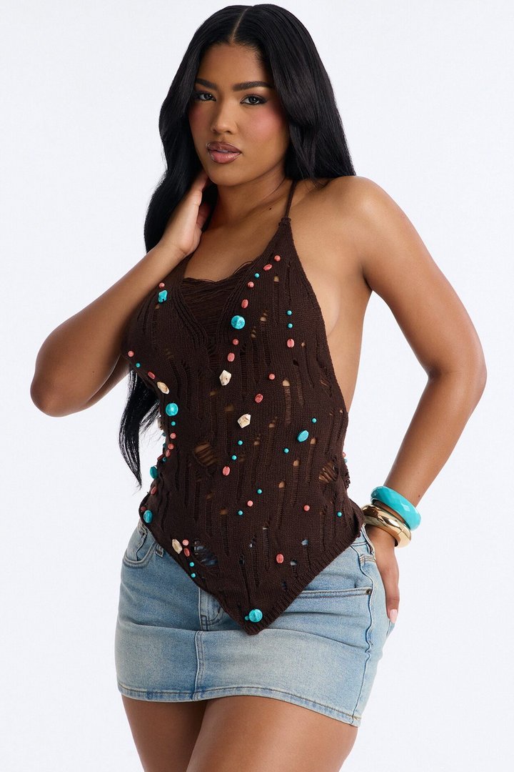 Alani Distressed Beaded Crochet Halter Top - Chocolate