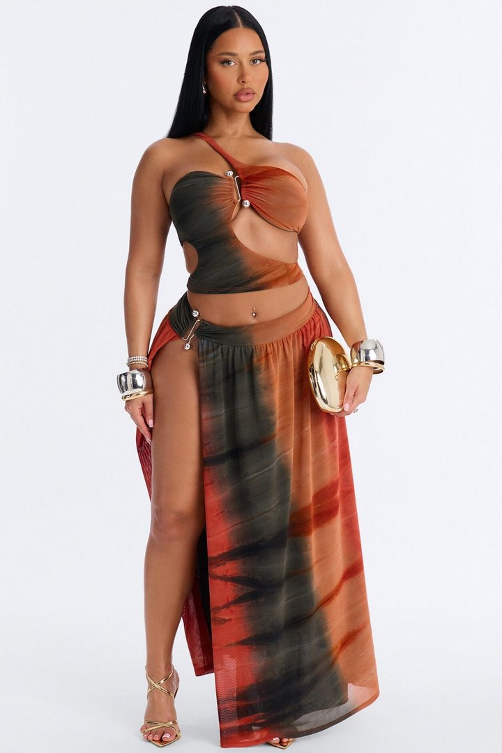 Sunkissed Flame Mesh Skirt Set - Rust/combo