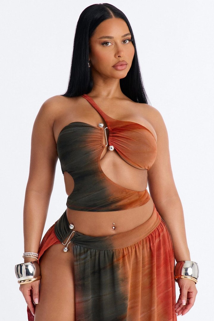 Sunkissed Flame Mesh Skirt Set - Rust/combo