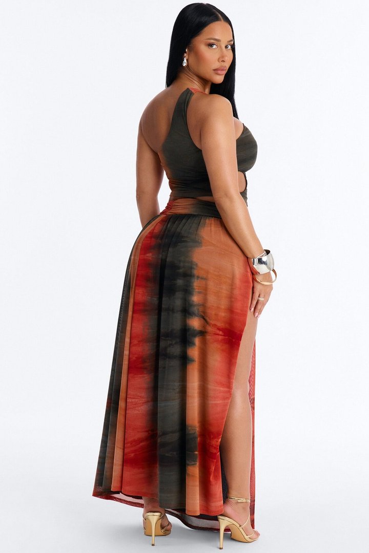 Sunkissed Flame Mesh Skirt Set - Rust/combo