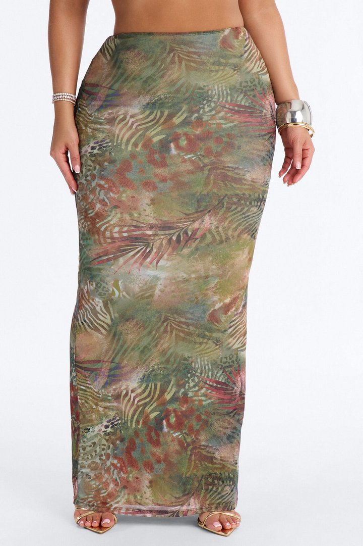 Tropical Bloom Mesh Maxi Skirt - Green/combo