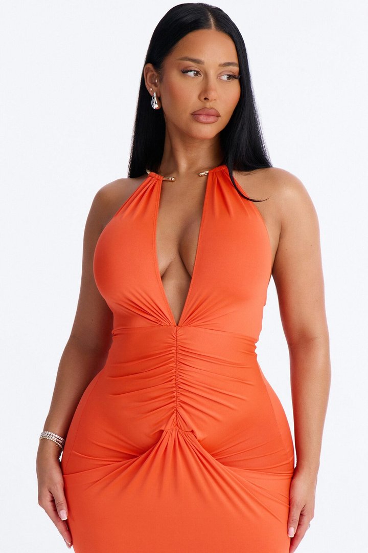 Cancun Vibing Deep V Maxi Dress - Orange