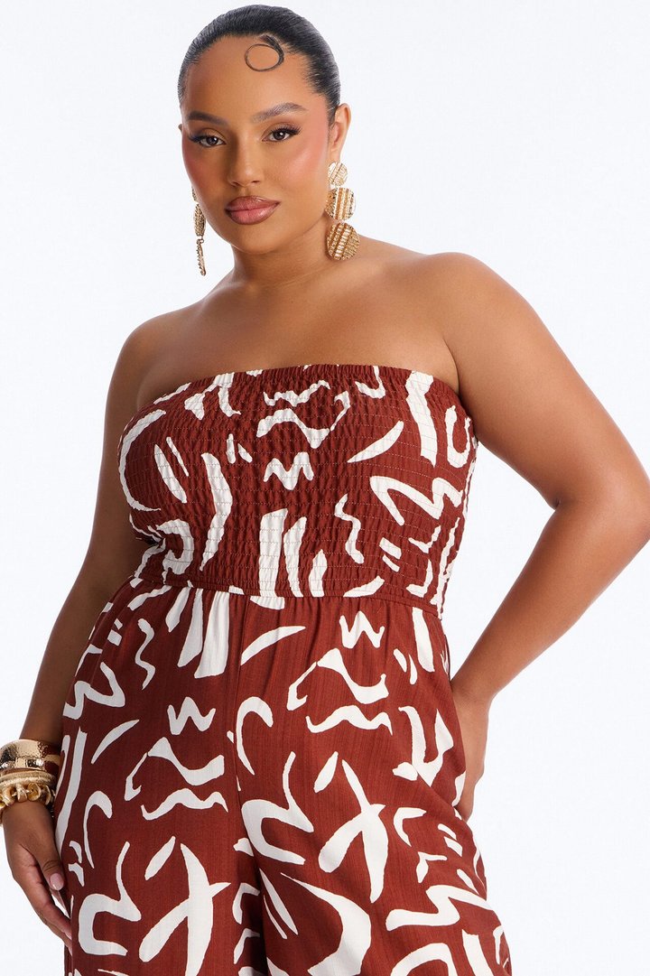 Faye Strapless Abstract Wide Leg Jumpsuit - Rust/combo