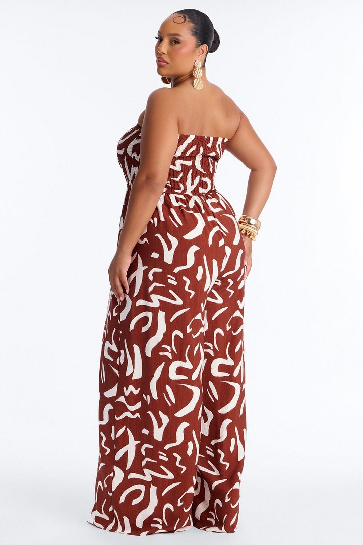 Faye Strapless Abstract Wide Leg Jumpsuit - Rust/combo