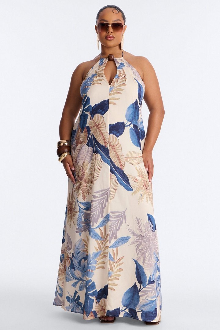 Maui Tropical Keyhole Maxi Dress - Blue/combo