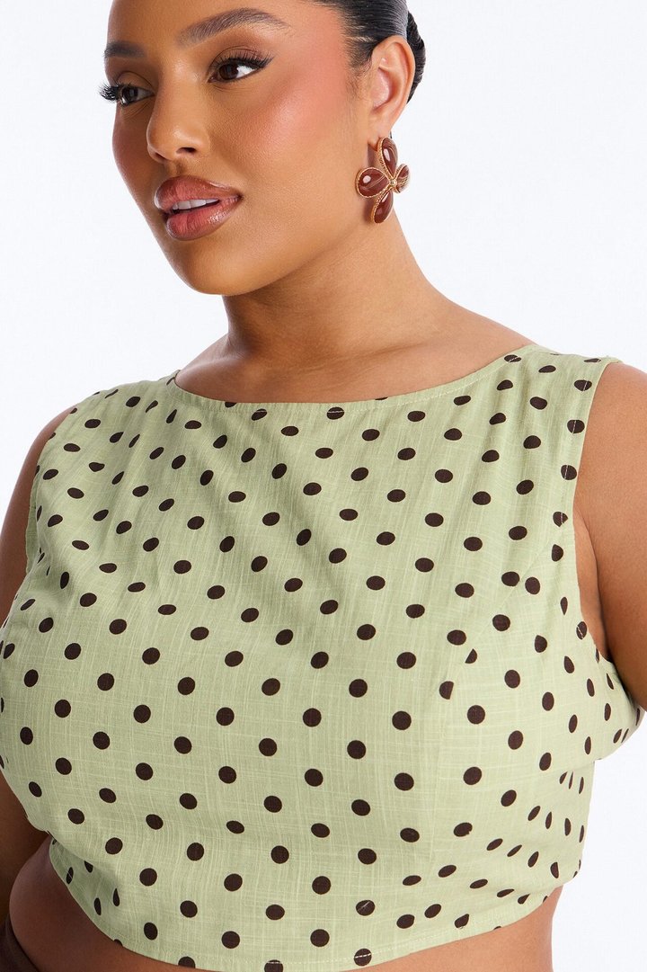 On The Cute Side Polka Dot Cropped Linen Top - Sage/combo