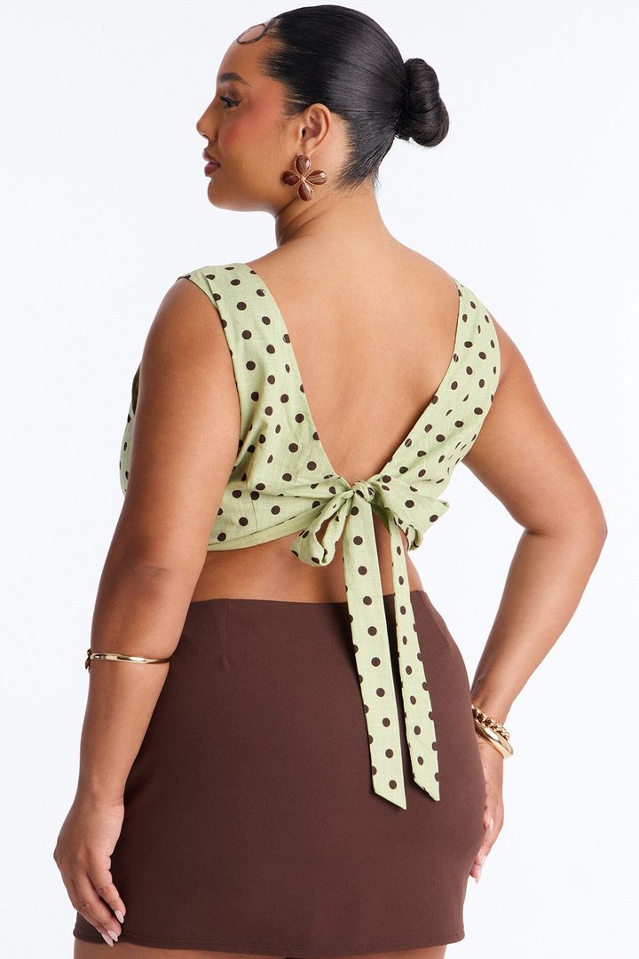 On The Cute Side Polka Dot Cropped Linen Top - Sage/combo