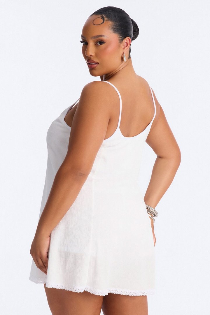 Rachel Lace Trim Textured Mini Dress - Off White