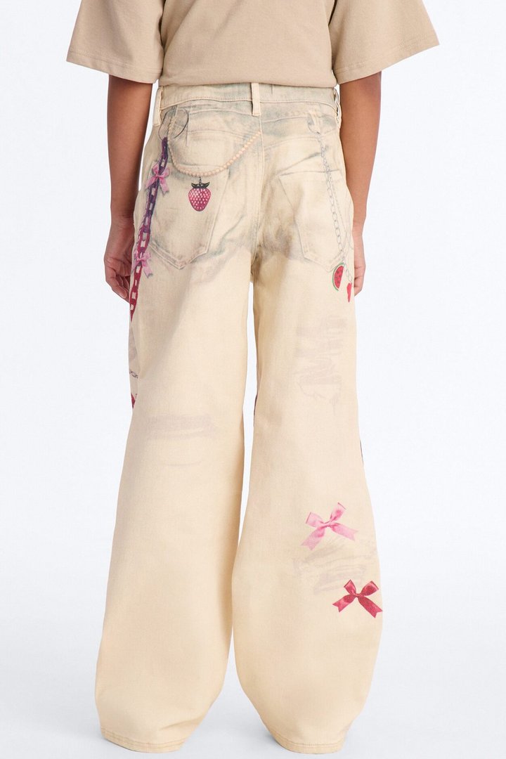 Mini Cherry On Top Printed Wide Leg Jeans - Ivory