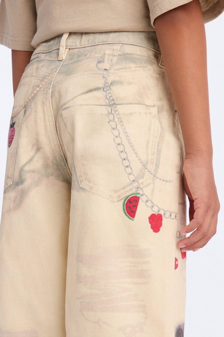Mini Cherry On Top Printed Wide Leg Jeans - Ivory