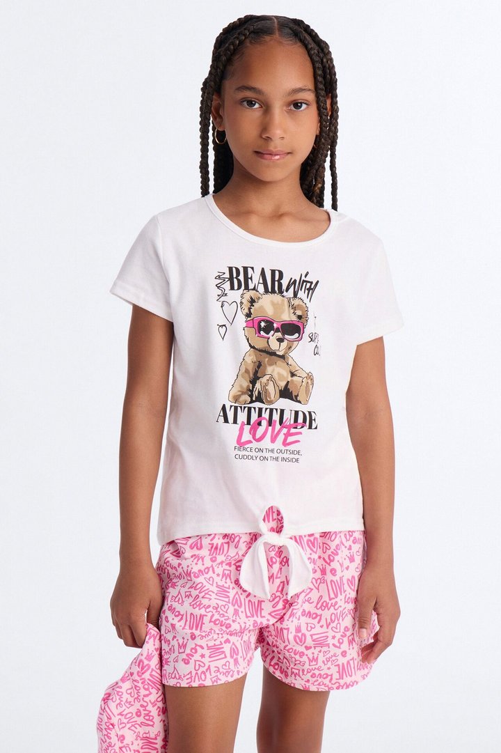 Mini The Bear With Attitude Short Set - White/Pink