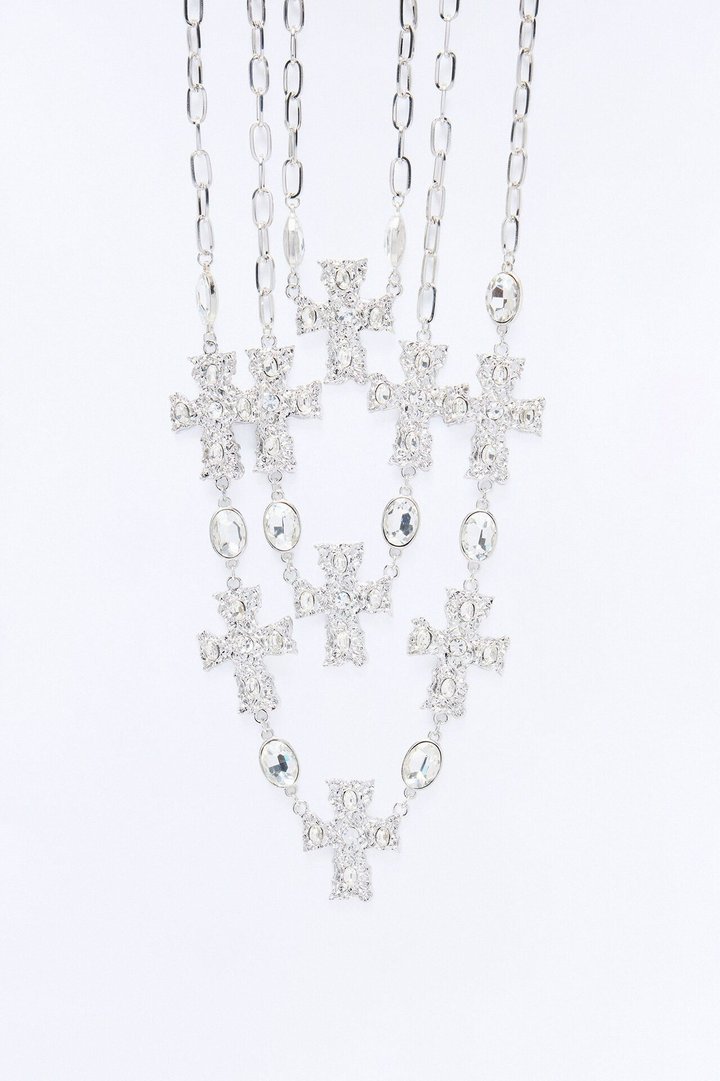 Covered In Crosses Layered Necklace - Silver
