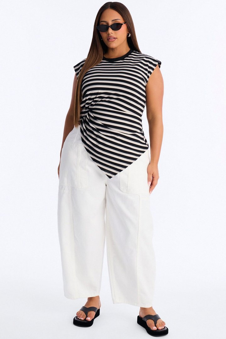 Malia Striped Asymmetrical Ruched Short Sleeve Top - Black/Grey