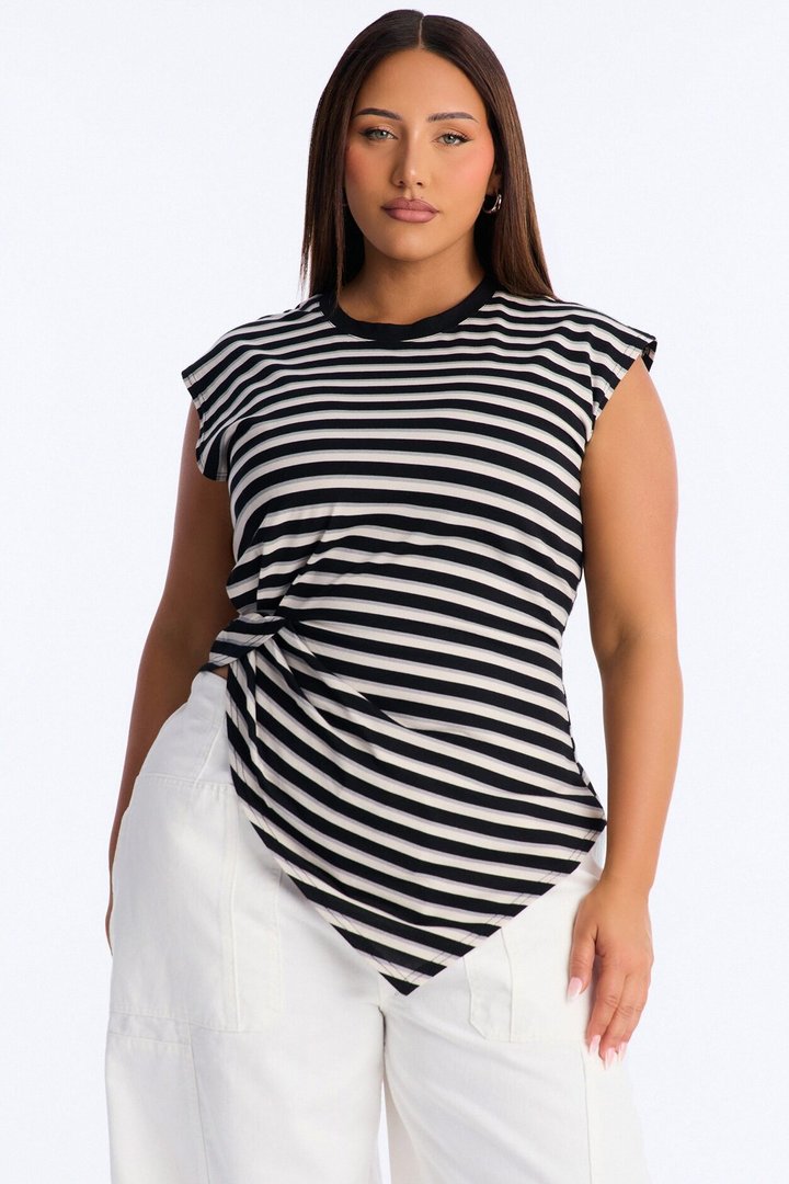Malia Striped Asymmetrical Ruched Short Sleeve Top - Black/Grey