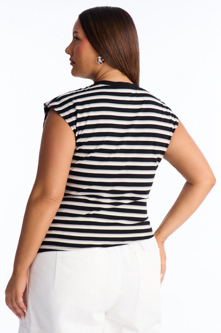 Malia Striped Asymmetrical Ruched Short Sleeve Top - Black/Grey