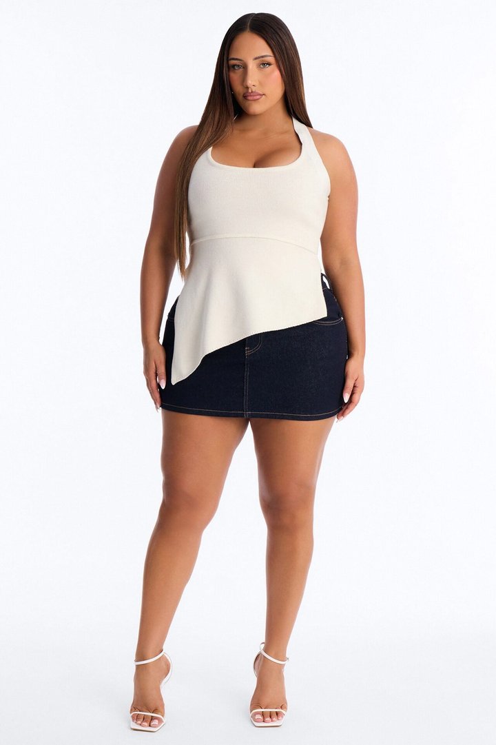Call You Up Faux Leather Trim Sweater Halter Top - Cream