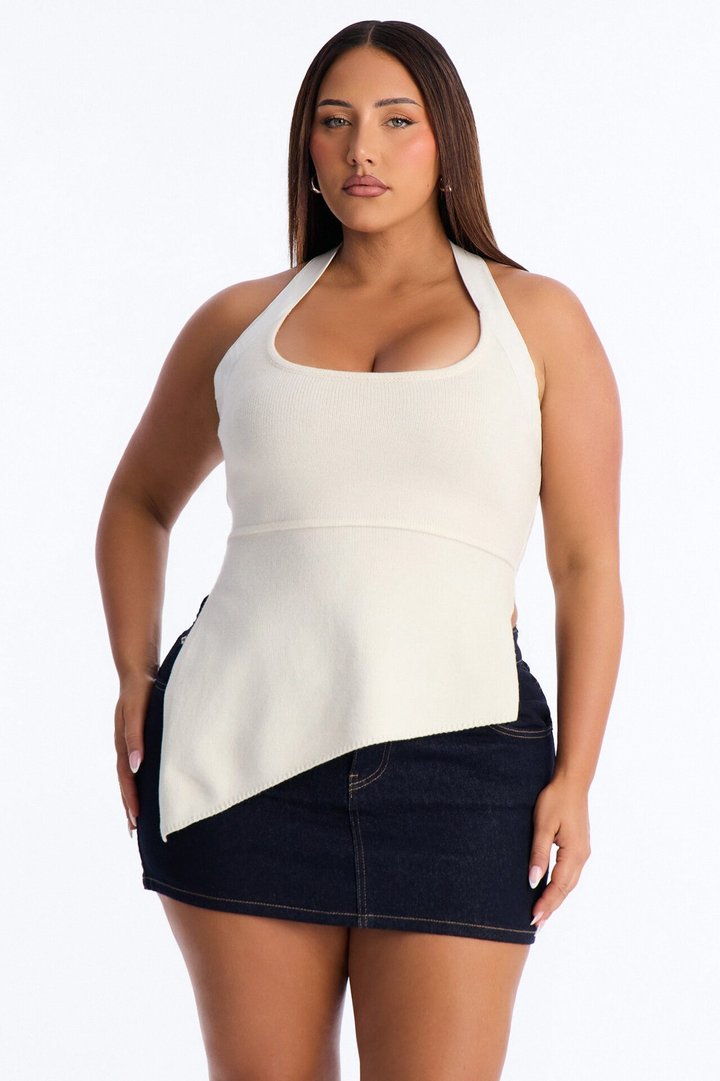 Call You Up Faux Leather Trim Sweater Halter Top - Cream