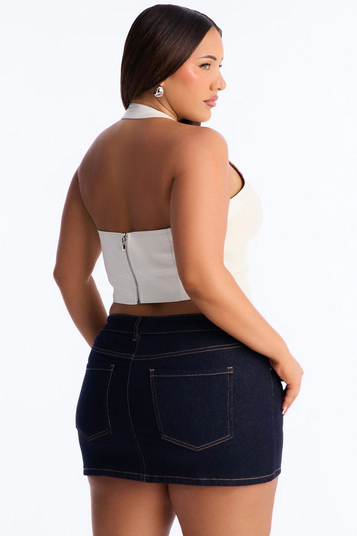 Call You Up Faux Leather Trim Sweater Halter Top - Cream
