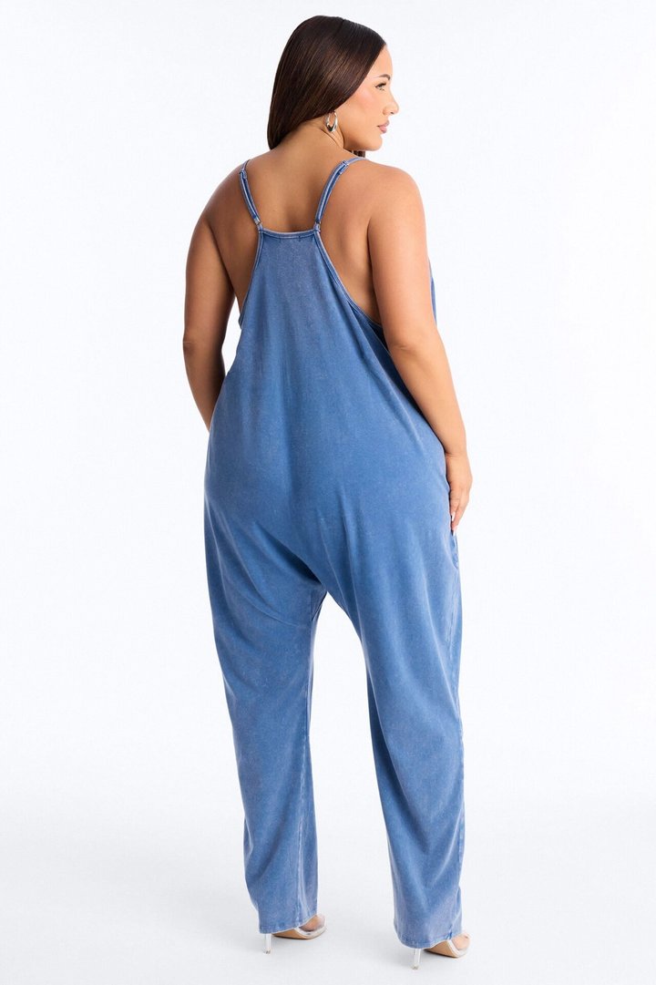 Baggy Days Washed Wide Leg Jumpsuit - Blue