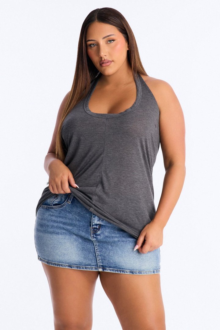 Cameron Sheer Scoop Neck Halter Top - Charcoal